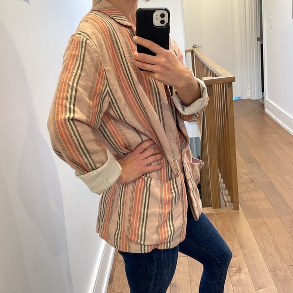 Free People Simply Stripe Blazer in Multi linen blend jacket oversized size XS - Picture 6 of 15